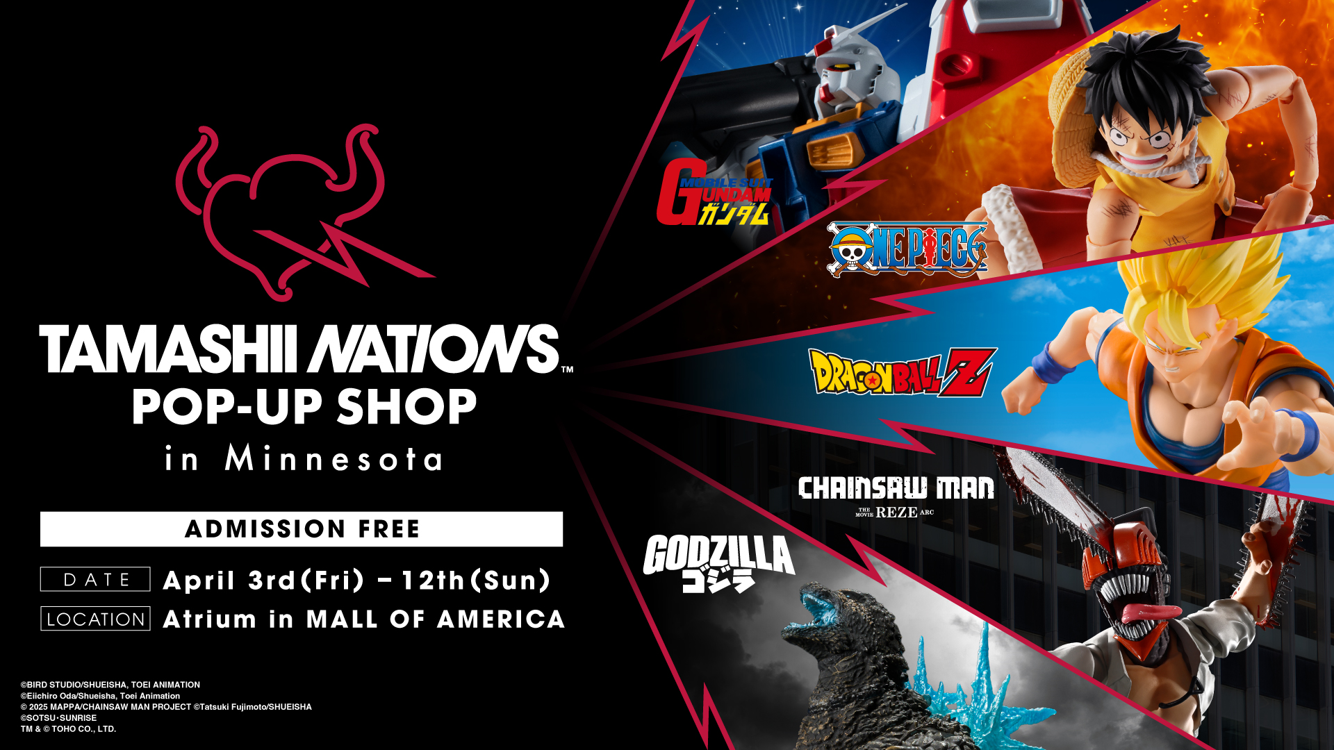 Tamashii Nations Logo, Pop-up Shop in Minnesota, Admission Free, Date April 3rd (Fri) - 12th (Sun), Location Atrium in Mall of America, Anime and Godzilla Logos with Figures