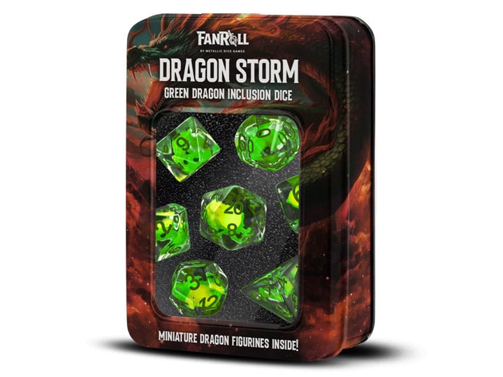 Dragon Storm Inclusion Green Dragon Resin Dice Set Gallery Image 1