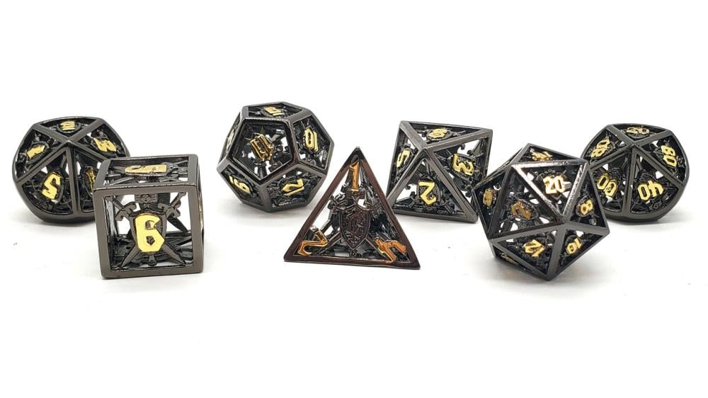 Old School Sword & Shield Black with Gold Hollow Metal Dice Set Gallery Image 3