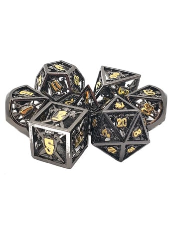 Old School Sword & Shield Black with Gold Hollow Metal Dice Set Gallery Image 2