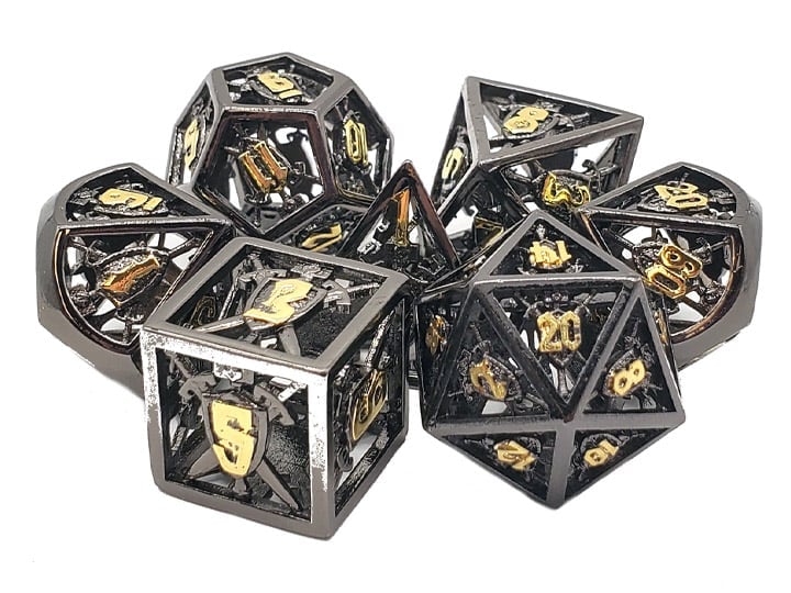 Old School Sword & Shield Black with Gold Hollow Metal Dice Set Gallery Image 1
