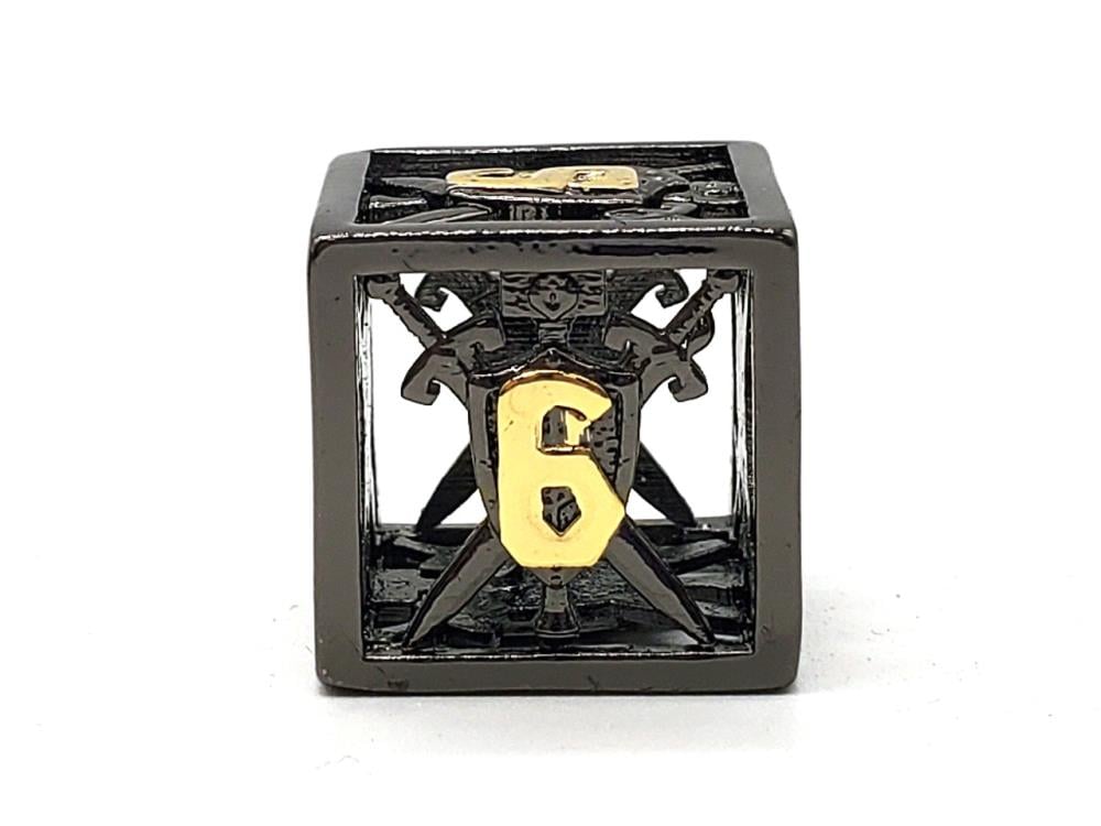 Old School Sword & Shield Black with Gold Hollow Metal Dice Set Gallery Image 4