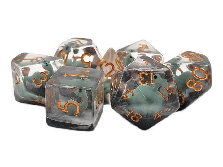 Old School Animal Kingdom Baby Brontosaurus (Green) Infused Acrylic Resin Dice Set Gallery Image 1