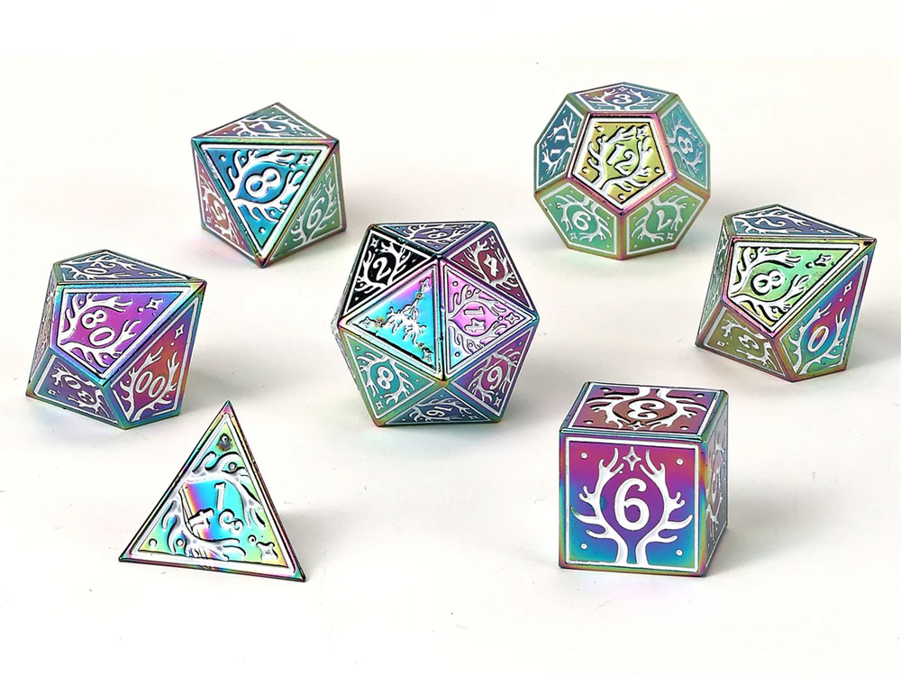 Hymgho Dice Druid Rainbow with White Solid Metal Dice Set Gallery Image 1