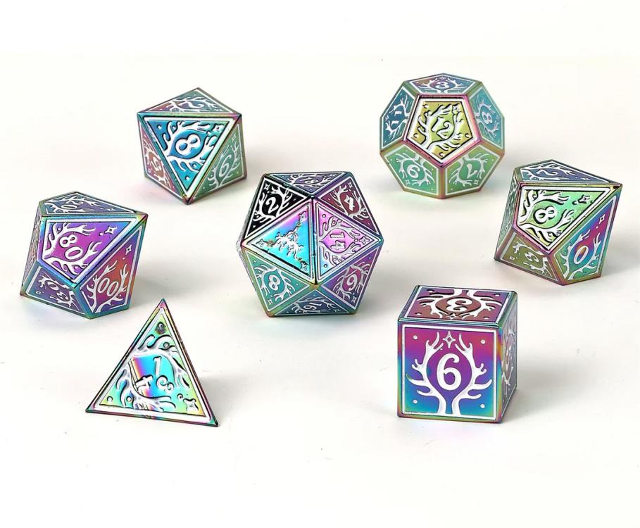 Hymgho Dice Druid Rainbow with White Solid Metal Dice Set Gallery Image 3
