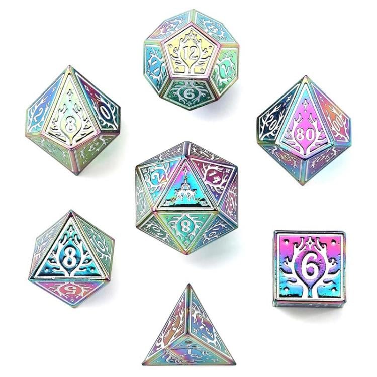 Hymgho Dice Druid Rainbow with White Solid Metal Dice Set Gallery Image 4