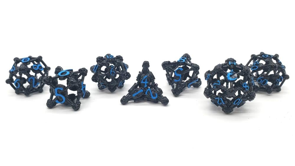 Old School Skull Hollow Metal (Black Nickel with Blue) Zinc Alloy Dice Set Gallery Image 3