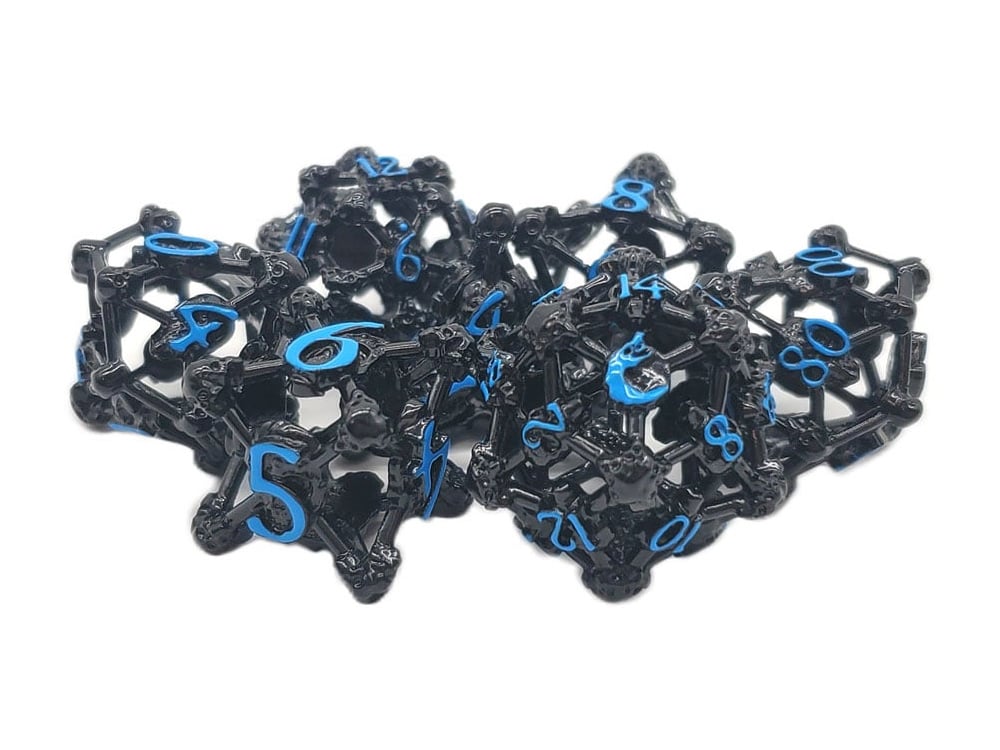 Old School Skull Hollow Metal (Black Nickel with Blue) Zinc Alloy Dice Set Gallery Image 1