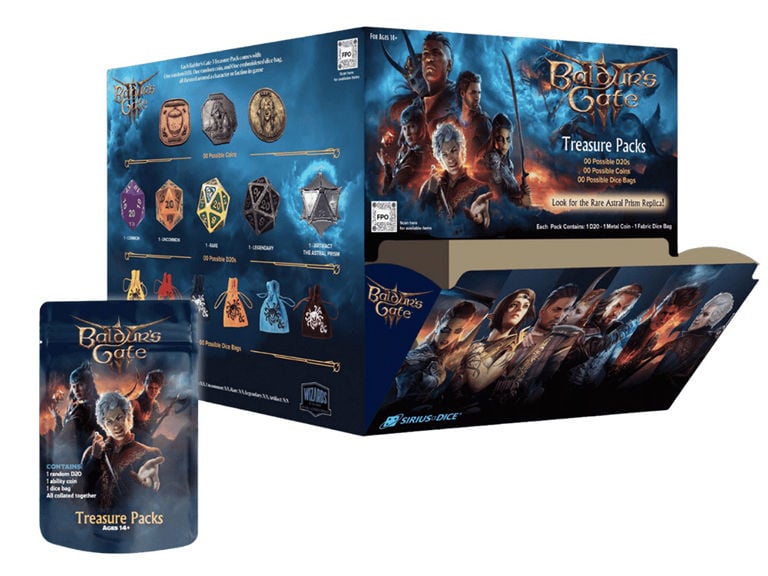 Dungeons & Dragons Baldur's Gate 3 Treasure Pack Blind Box - bustina misteriosa con d20 oversize, moneta metallica e dice bag - Sirius Dice
