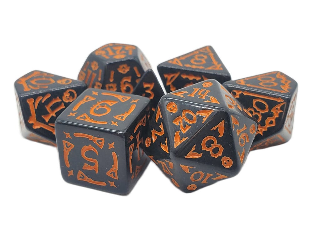 Old School All Hallows Eve Black with Orange Rune Dice Set Gallery Image 1