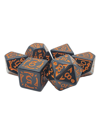 Old School All Hallows Eve Black with Orange Rune Dice Set Gallery Image 2