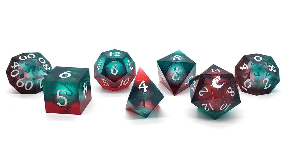 Old School Sharp Edged Christmas Fury Liquid Infused D20 Dice Set Gallery Image 3