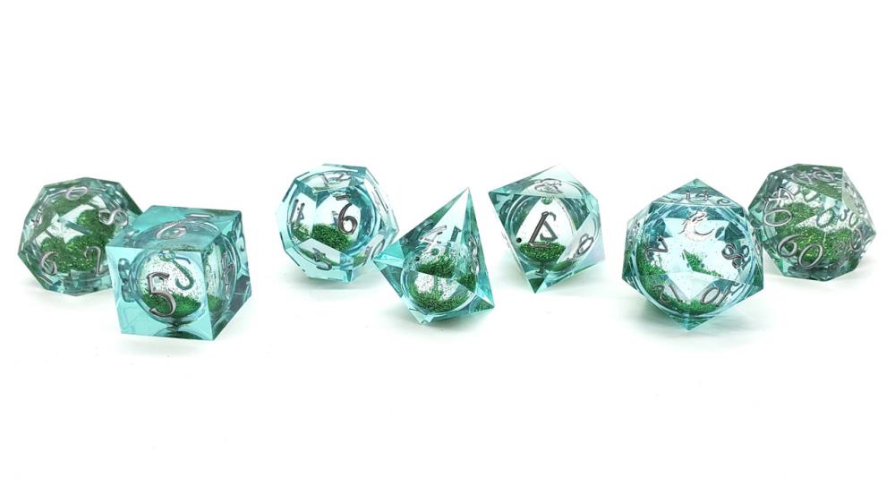 Old School Sharp Edged Emerald Fury Liquid Infused Dice Set Gallery Image 3