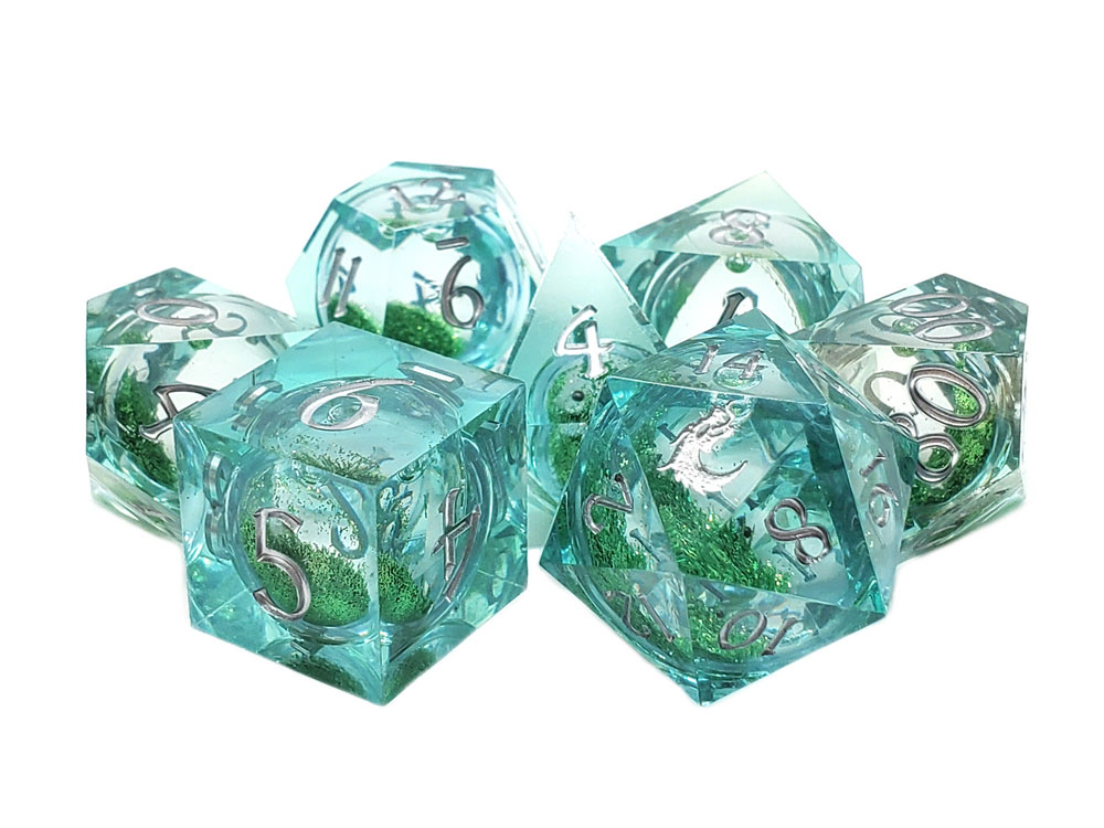 Old School Sharp Edged Emerald Fury Liquid Infused Dice Set Gallery Image 1