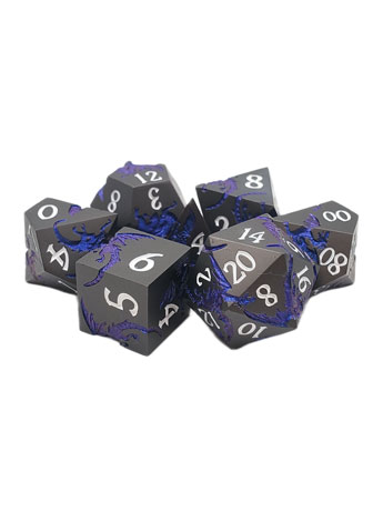 Old School DnD RPG Soaring Dragon Matte Black and Blue Dice Set Gallery Image 2