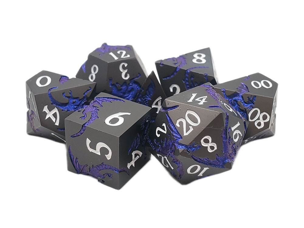 Old School DnD RPG Soaring Dragon Matte Black and Blue Dice Set Gallery Image 1
