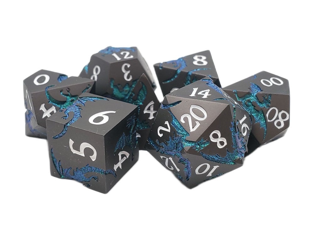 Old School DnD RPG Soaring Dragon Matte Black and Green Dice Set Gallery Image 1