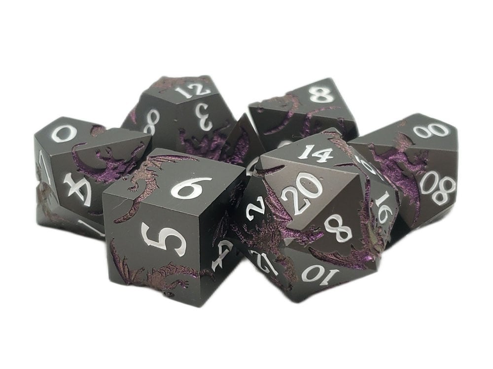 Old School DnD RPG Soaring Dragon Matte Black and Purple Dice Set Gallery Image 1