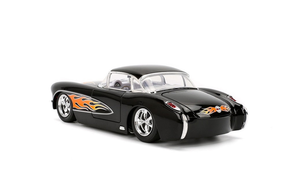 Bigtime Muscle 1957 Chevy Corvette Hardtop (Black with Flames) 1/24 Scale Die-Cast Model Gallery Image 4