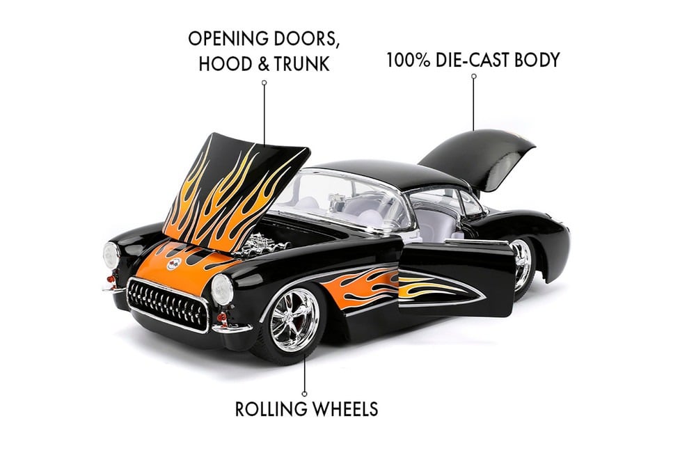 Bigtime Muscle 1957 Chevy Corvette Hardtop (Black with Flames) 1/24 Scale Die-Cast Model Gallery Image 10