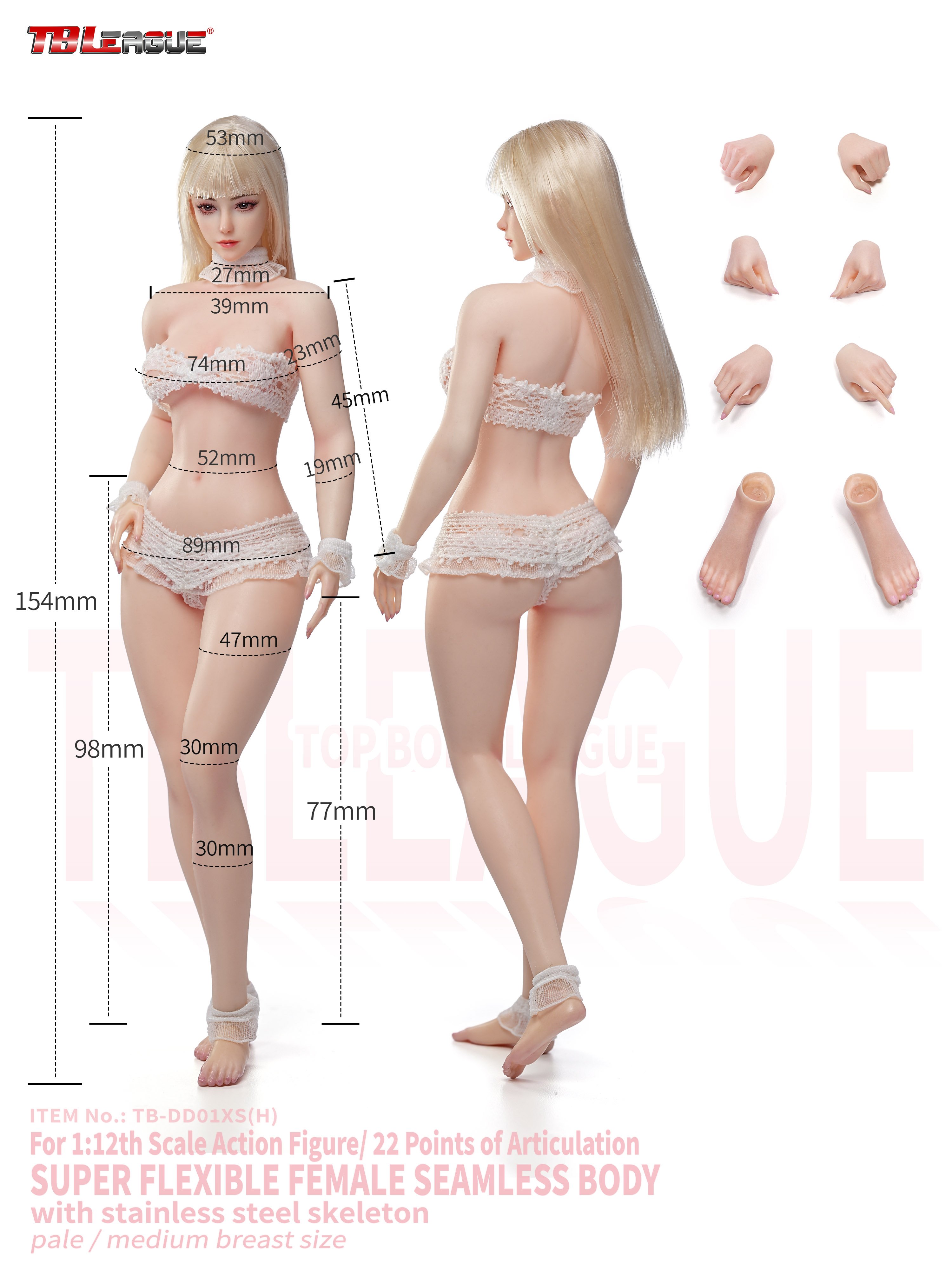 Female Body (Pale Medium Bust) 1/12 Scale Body (TB-DD01XS with Head Sculpt) Gallery Image 14