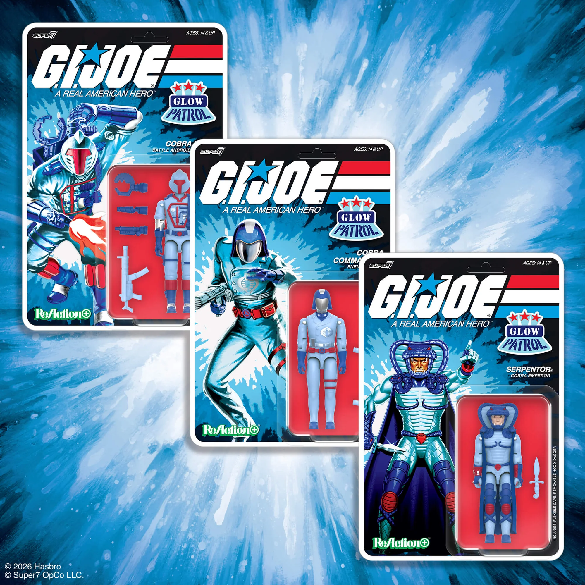 G.I. Joe ReAction+ Cobra Commander, Serpentor, and a B.A.T. (Glow Patrol - Blue) SDCC 2026 Exclusive 3-Pack Action Figure Set Gallery Image 3